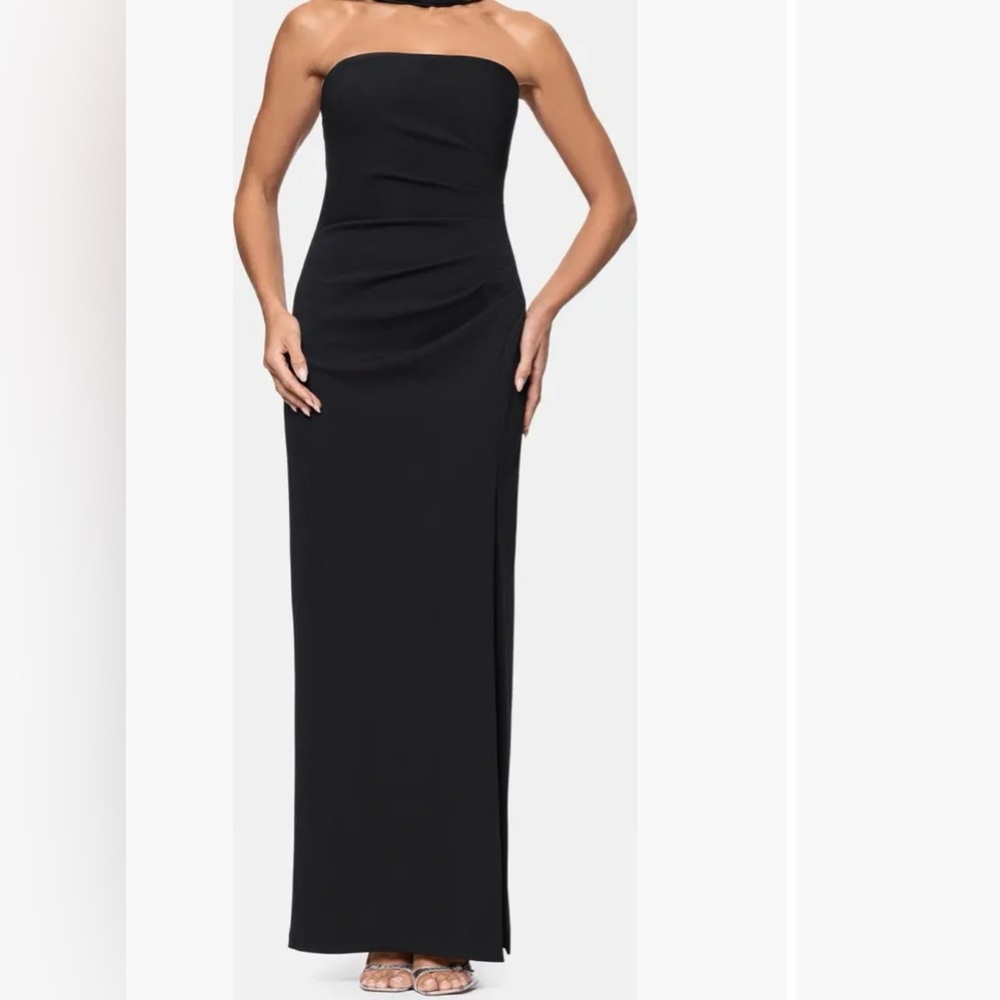 Xscape Black Ruched Sheath Maxi with Front Slit